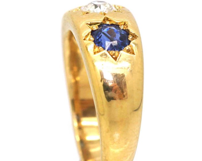Victorian 18ct Gold, Three Stone Sapphire & Diamond Gypsy Ring