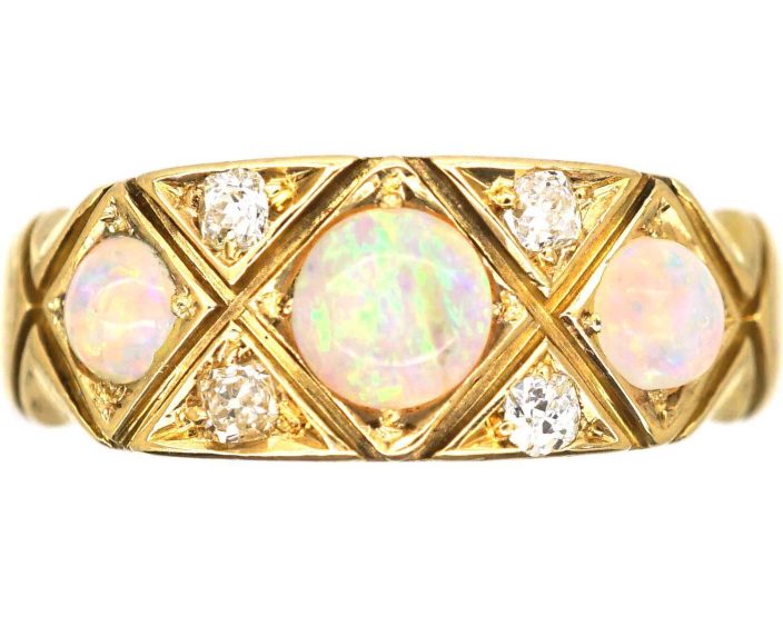 Victorian 18ct Three Stone Cabochon Opal & Diamond Ring