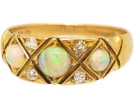 Victorian 18ct Three Stone Cabochon Opal & Diamond Ring