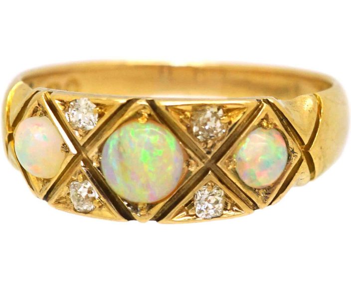 Victorian 18ct Three Stone Cabochon Opal & Diamond Ring