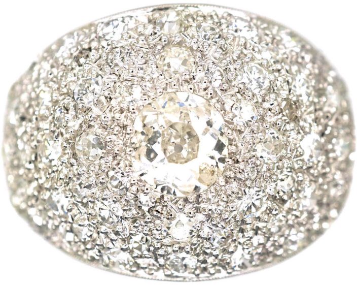 French Art Deco Platinum Large Diamond Bombé Ring