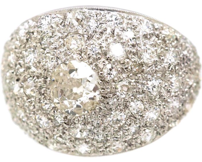 French Art Deco Platinum Large Diamond Bombé Ring