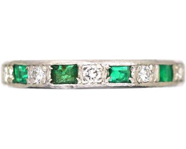 Art Deco 18ct White Gold Eternity Ring set with Emeralds & Diamonds