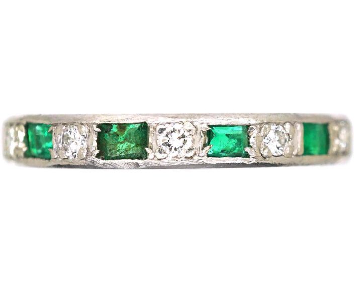 Art Deco 18ct White Gold Eternity Ring set with Emeralds & Diamonds