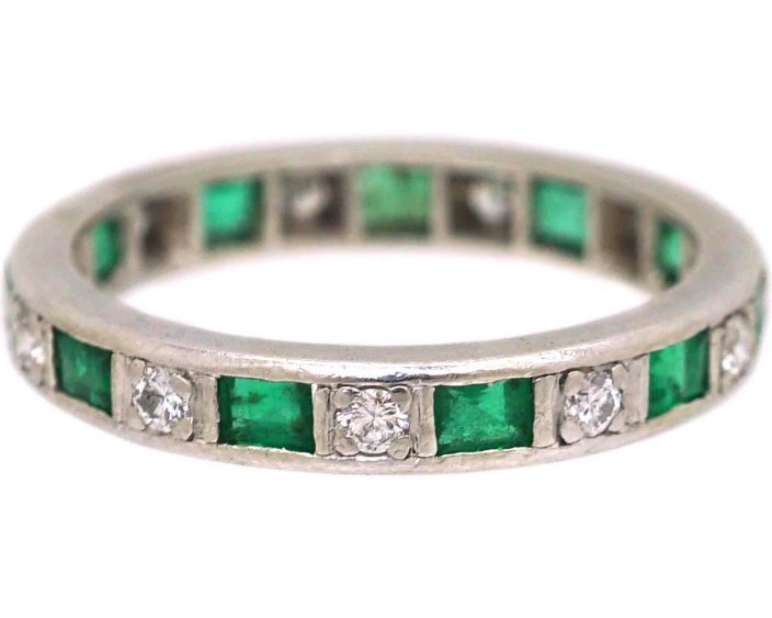 Art Deco 18ct White Gold Eternity Ring set with Emeralds & Diamonds
