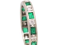 Art Deco 18ct White Gold Eternity Ring set with Emeralds & Diamonds