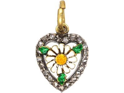 Victorian 15ct Gold, Silver,Enamel & Rose Diamond Heart Shaped Pendant with Ox-Eye Daisy Motif