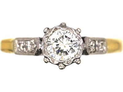 Vintage 18ct Gold & Platinum, Diamond Solitaire Ring with Diamond set Shoulders