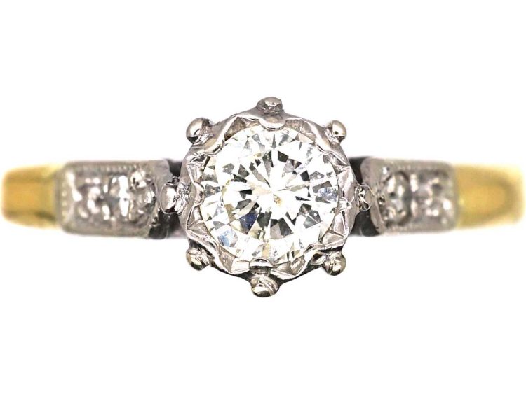 中古 18K 金与铂金钻石单石戒指，肩部镶钻