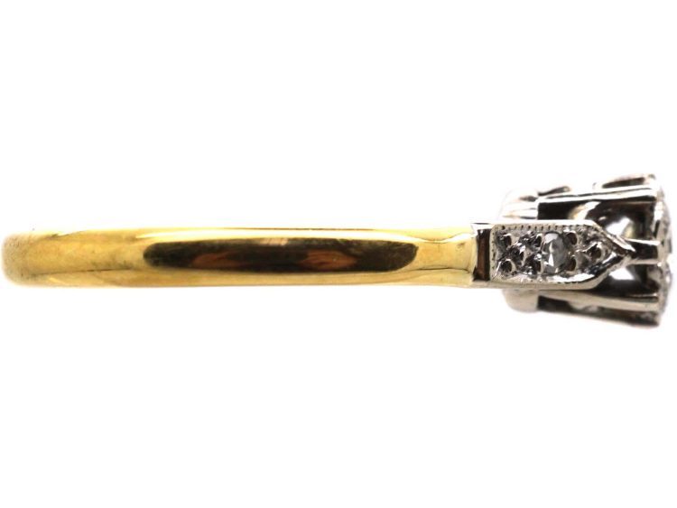 中古 18K 金与铂金钻石单石戒指，肩部镶钻