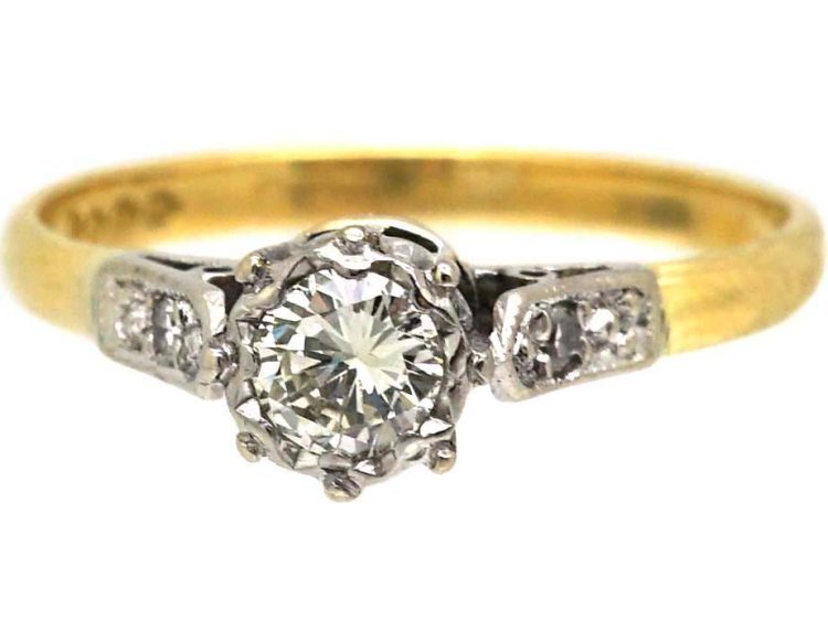 中古 18K 金与铂金钻石单石戒指，肩部镶钻