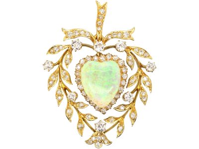 Edwardian Large 18ct Gold, Opal & Diamond Heart Shaped Pendant