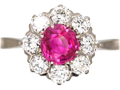 Early 20th Century Platinum, Pink Sapphire & Diamond Cluster Ring