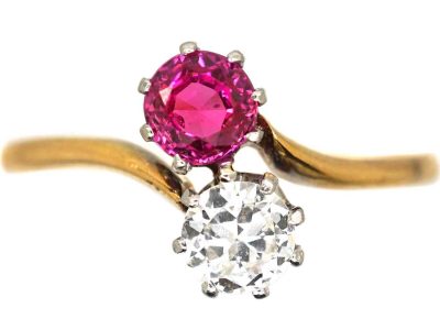 Early 20th Century 18ct Gold, Ruby & Diamond Crossover Ring