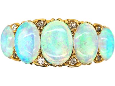 Victorian 18ct Gold Five Stone Opal Carved Half Hoop Ring with Diamond Points