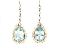 Edwardian Platinum Aquamarine & Natural Pearl & Diamond Drop Earrings