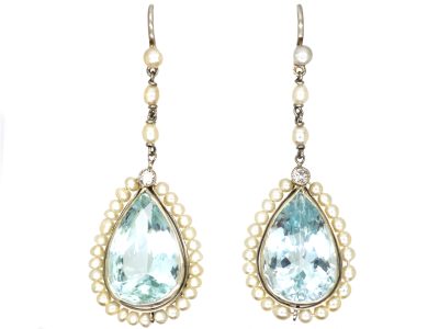 Edwardian Platinum Aquamarine & Natural Pearl & Diamond Drop Earrings