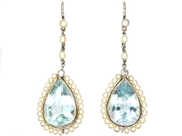 Edwardian Platinum Aquamarine & Natural Pearl & Diamond Drop Earrings