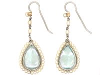 Edwardian Platinum Aquamarine & Natural Pearl & Diamond Drop Earrings
