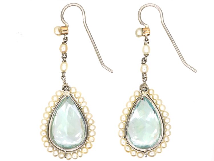 Edwardian Platinum Aquamarine & Natural Pearl & Diamond Drop Earrings