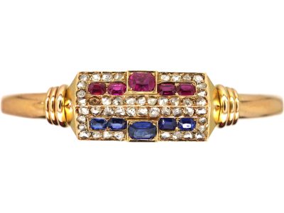 Early 20th Century Russian 14ct Gold Bangle set with Rubies, Sapphire & Rose Diamonds
