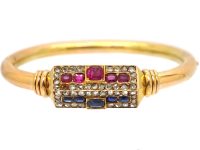 Early 20th Century Russian 14ct Gold Bangle set with Rubies, Sapphire & Rose Diamonds