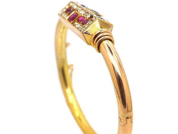 Early 20th Century Russian 14ct Gold Bangle set with Rubies, Sapphire & Rose Diamonds