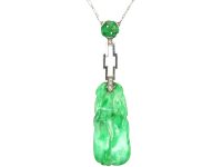 Art Deco 18ct White Gold, Carved Jade & Diamond Pendant on 18ct White Gold Chain