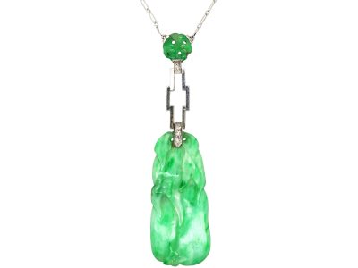 Art Deco 18ct White Gold, Carved Jade & Diamond Pendant on 18ct White Gold Chain