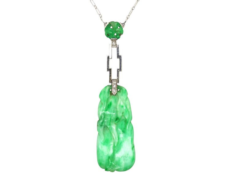 Art Deco 18ct White Gold, Carved Jade & Diamond Pendant on 18ct White Gold Chain