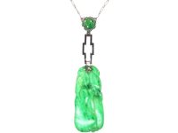 Art Deco 18ct White Gold, Carved Jade & Diamond Pendant on 18ct White Gold Chain