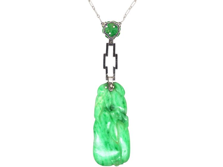 Art Deco 18ct White Gold, Carved Jade & Diamond Pendant on 18ct White Gold Chain