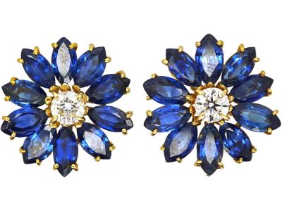 1970’s 18ct Gold Flower Earrings set with Sapphires & a Diamond