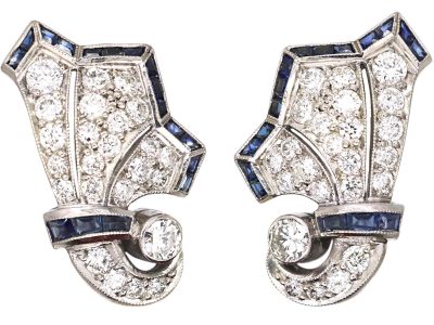 Art Deco Platinum & 18ct Yellow Gold Clip on Cornucopia Earrings set with Diamonds & Sapphires