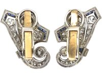 Art Deco Platinum & 18ct Yellow Gold Clip on Cornucopia Earrings set with Diamonds & Sapphires