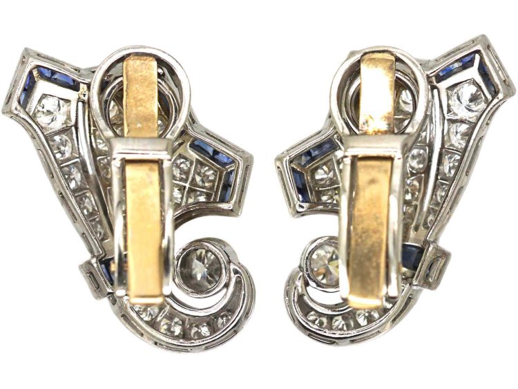 Art Deco Platinum & 18ct Yellow Gold Clip on Cornucopia Earrings set with Diamonds & Sapphires