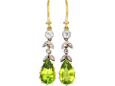 Edwardian 15ct Gold & Platinum, Peridot & Diamond Drop Earrings