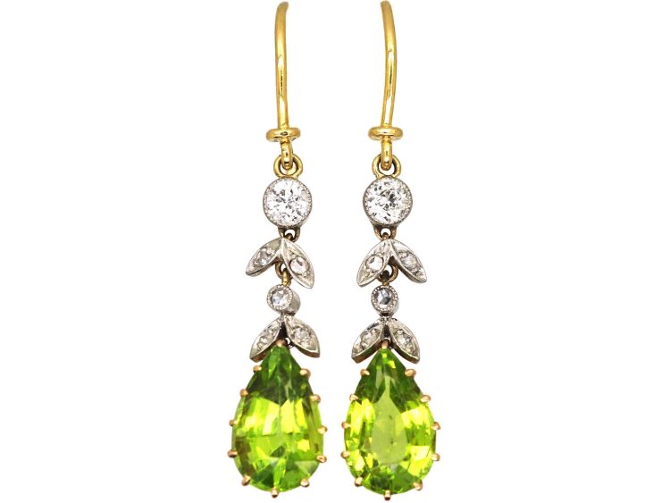 Edwardian 15ct Gold & Platinum, Peridot & Diamond Drop Earrings
