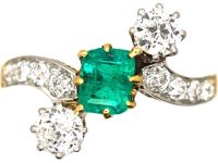 Early 20th Century 14ct Gold & Platinum, Emerald & Diamond Crossover Ring