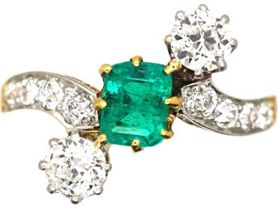 Early 20th Century 14ct Gold & Platinum, Emerald &. Diamond Crossover Ring