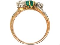 Early 20th Century 14ct Gold & Platinum, Emerald & Diamond Crossover Ring
