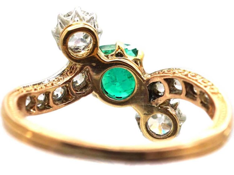 Early 20th Century 14ct Gold & Platinum, Emerald & Diamond Crossover Ring
