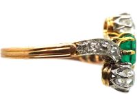 Early 20th Century 14ct Gold & Platinum, Emerald & Diamond Crossover Ring