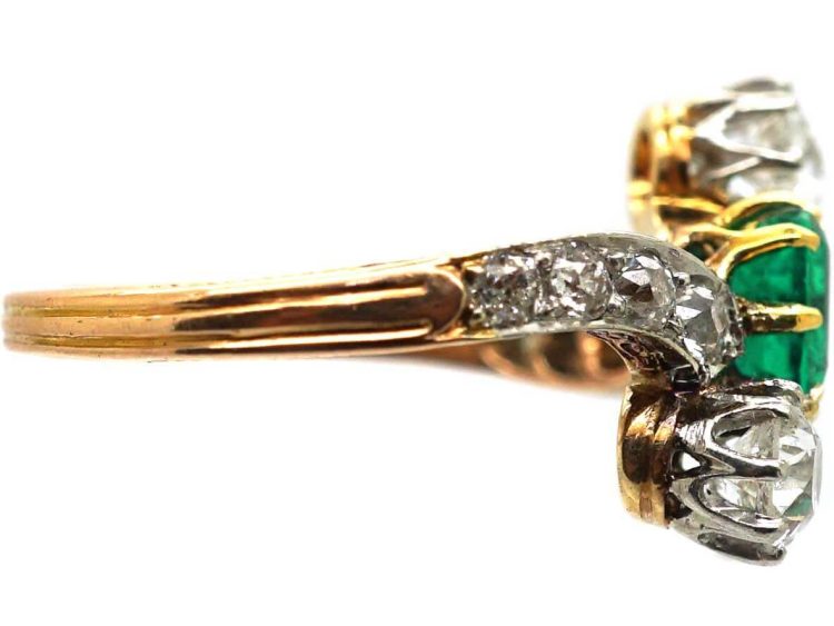 Early 20th Century 14ct Gold & Platinum, Emerald & Diamond Crossover Ring