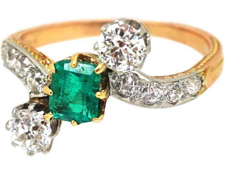 Early 20th Century 14ct Gold & Platinum, Emerald & Diamond Crossover Ring