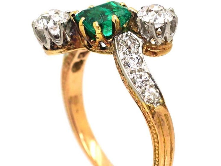 Early 20th Century 14ct Gold & Platinum, Emerald & Diamond Crossover Ring