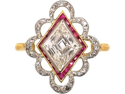 Edwardian 18ct Gold & Platinum Diamond Shaped Ring set with a Diamond & Calibrè Rubies