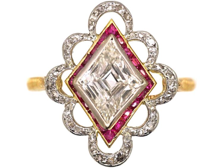 Edwardian 18ct Gold & Platinum Diamond Shaped Ring set with a Diamond & Calibré Rubies