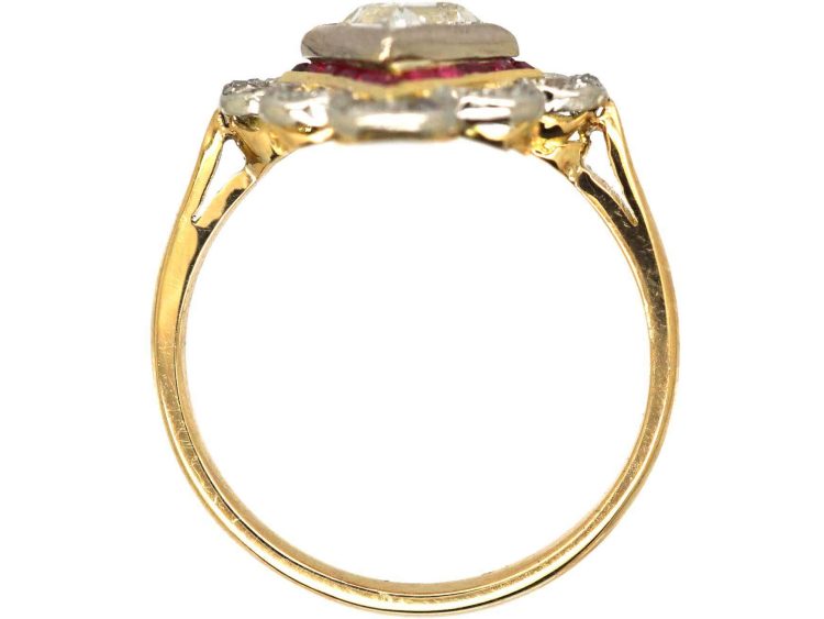 Edwardian 18ct Gold & Platinum Diamond Shaped Ring set with a Diamond & Calibré Rubies