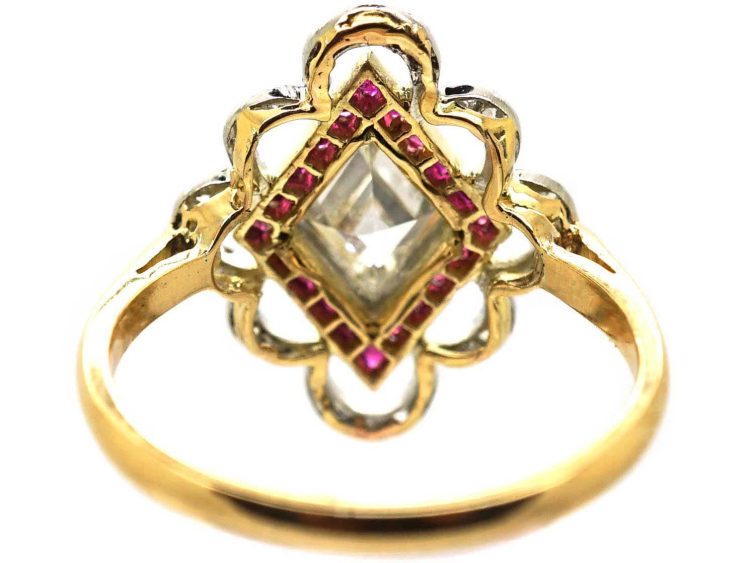 Edwardian 18ct Gold & Platinum Diamond Shaped Ring set with a Diamond & Calibré Rubies